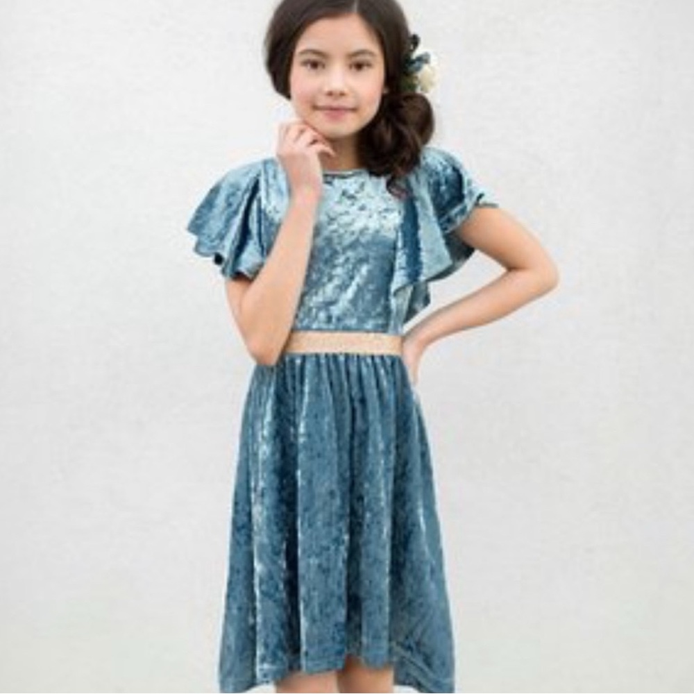 Joyfolie MiaJoy Blue Velvet Dress with Ruffle Sleeves - Sz 10 Girls